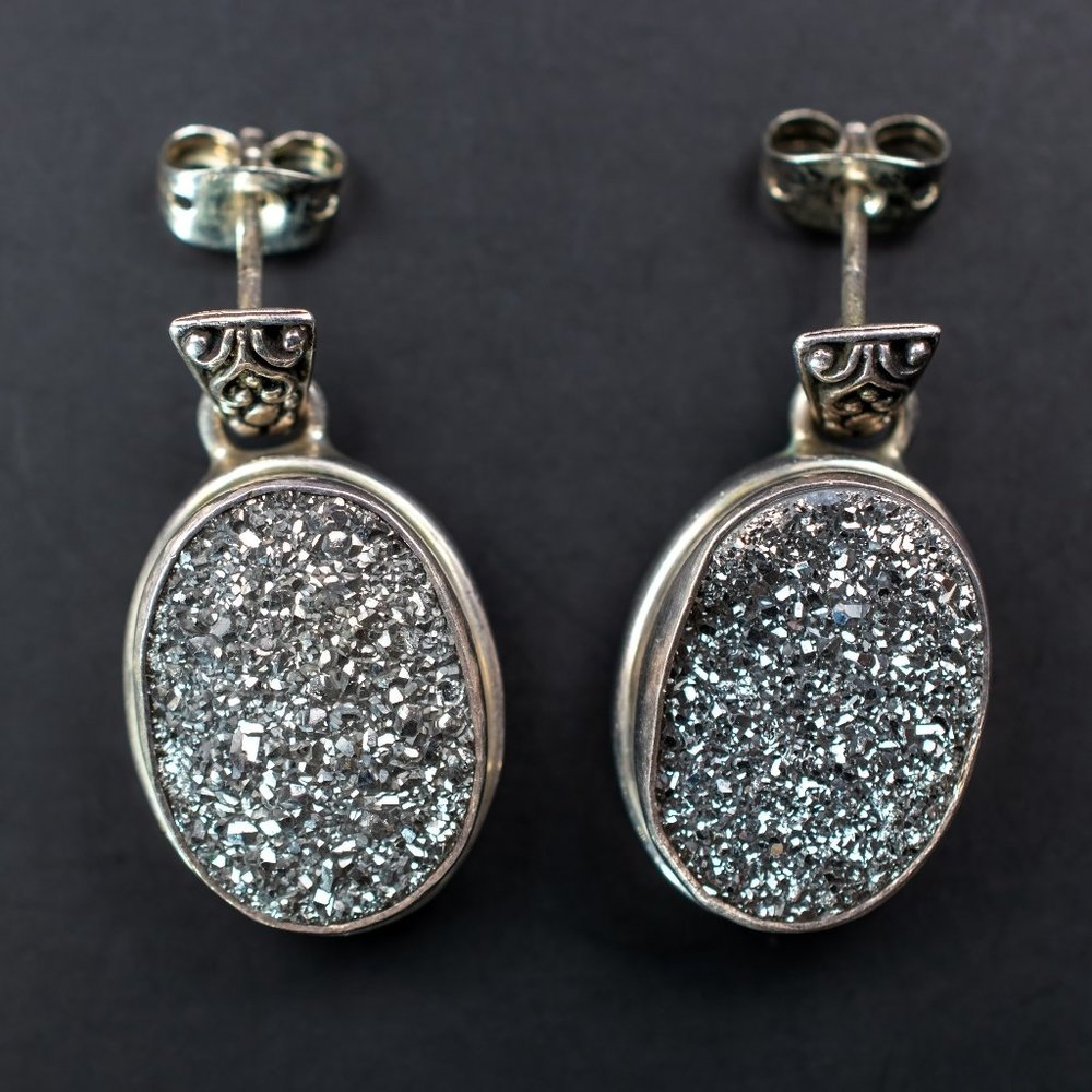 Raw stone earrings dangle, large iron pyrite earrings sterling silver